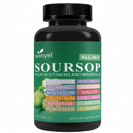 Soursop Supplement Containing 20 Herbal Extracts Including Seaweed, Lion's Mane Mushroom, Turmeric, Black Seed Oil, Oregano, And Mullein, Promoting Overall Health. Vegan, 60 Capsules.