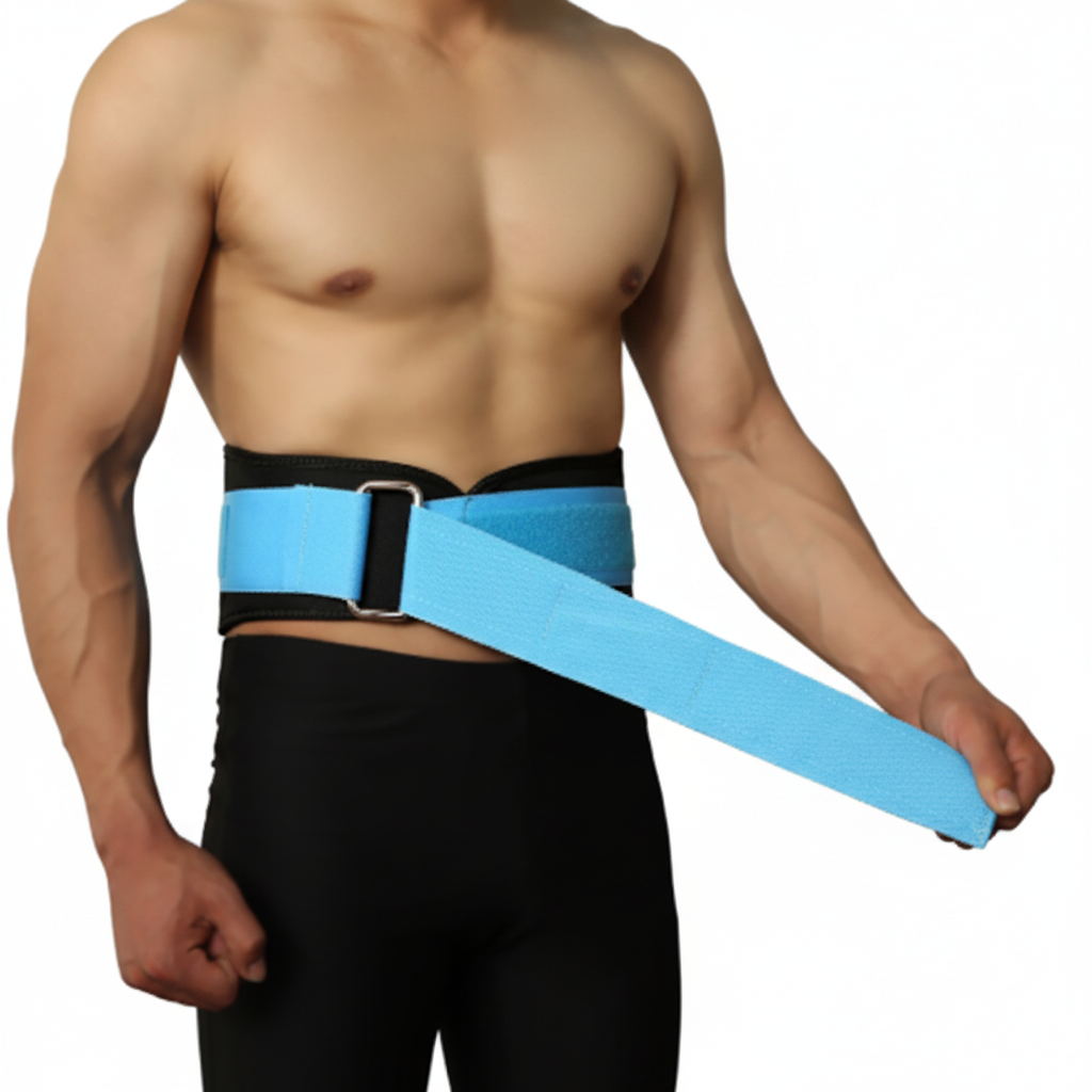 Person wearing a blue lumbar compression support belt with visible brand logos.