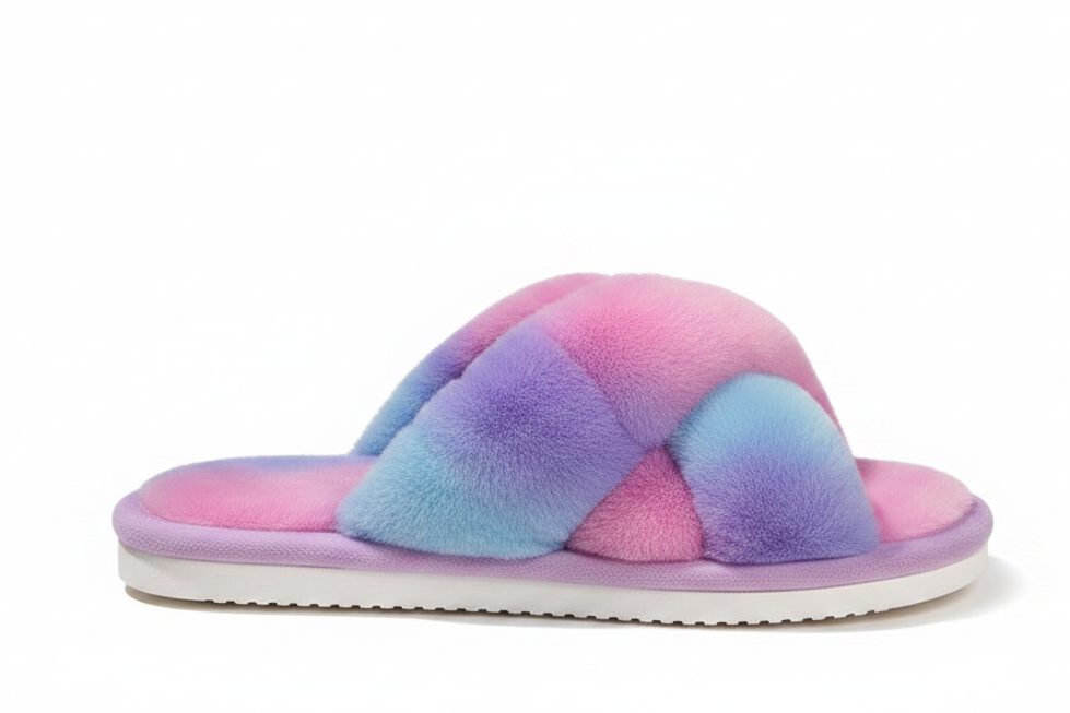 A pair of fuzzy open-toe slippers in a pastel tie-dye pattern of purple, blue, and pink, shown being worn with a hand adjusting one slipper on a light wood floor.