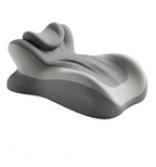 A gray contoured ergonomic support pillow shown on a white background, with a smaller inset photo of a woman lying down using it.