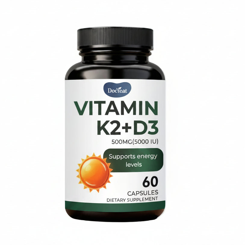 A bottle of DocEat Vitamin K2+D3 dietary supplement, 500mg (5000 IU), containing 60 capsules. The product is in a dark amber bottle with a black cap and a white label featuring green and orange text and graphics.