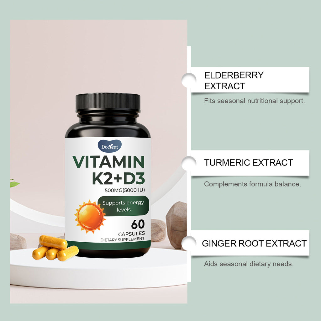 Supplement bottle labeled 'Vitamin K2+D3' with ingredients listed on a light green background