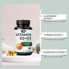 Supplement bottle labeled 'Vitamin K2+D3' with ingredients listed on a light green background
