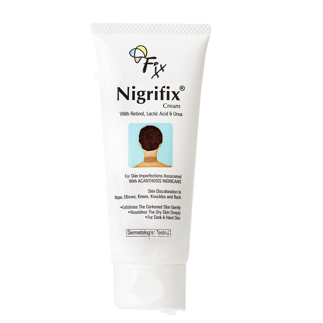 A white squeeze tube of Nigrifix Cream showcasing key exfoliating ingredients and benefits for all skin types.
