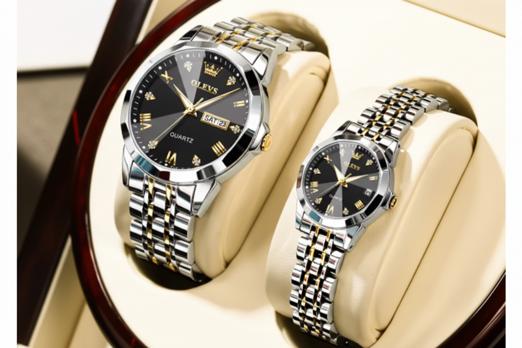 Two OLEVS men's quartz watches with two-tone silver and gold stainless steel link bracelets and black multi-dial faces, displayed on beige watch cushions.