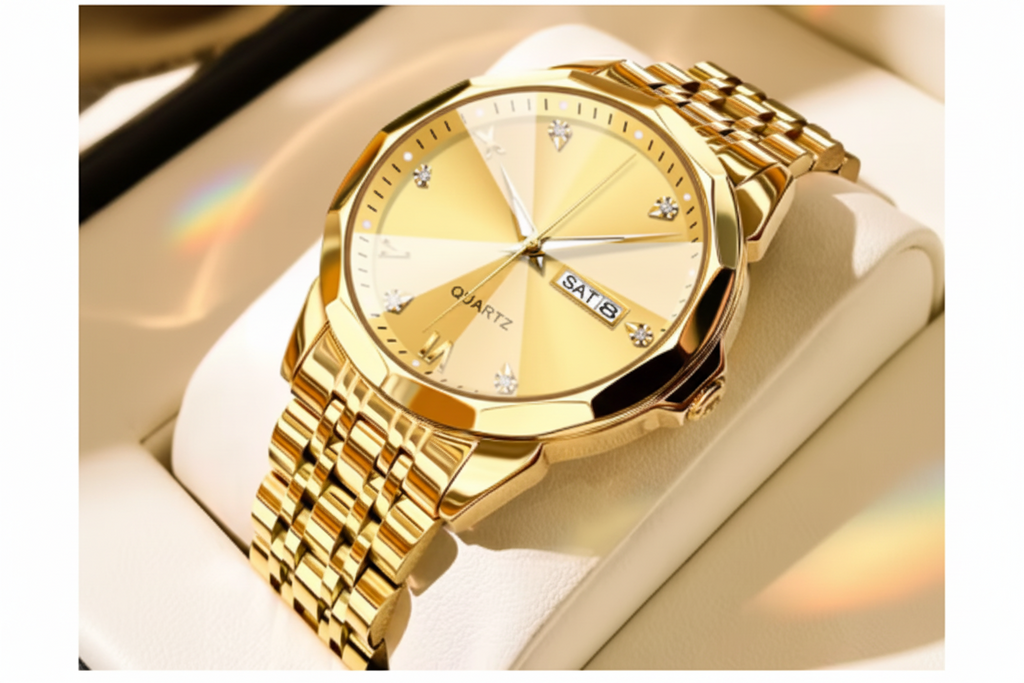 Gold-tone men's quartz watch with a matching metal link bracelet, shown on a cream display cushion. The watch has a champagne-gold dial with Roman numeral hour markers, crystal hour markers, and a day-date window at 3 o'clock.