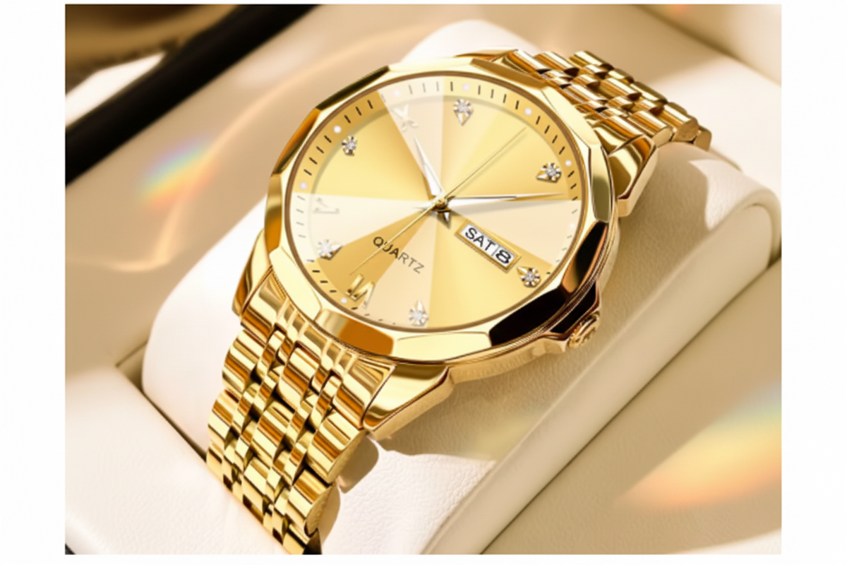 Gold-tone men's quartz watch with a matching metal link bracelet, shown on a cream display cushion. The watch has a champagne-gold dial with Roman numeral hour markers, crystal hour markers, and a day-date window at 3 o'clock.