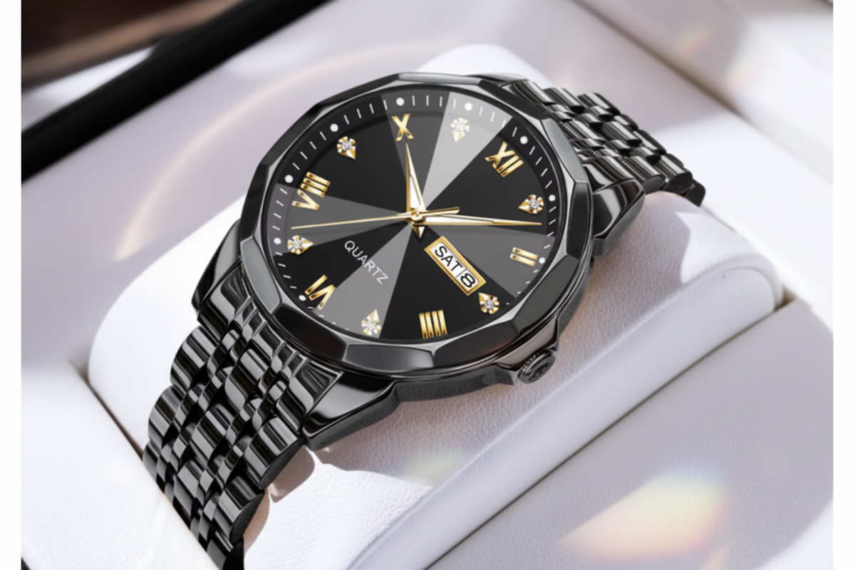 Black Olevs quartz watch with a black metal link bracelet, gold-tone hands and markers, and a date window, displayed on a white surface with a red Olevs logo badge in the top-left corner.