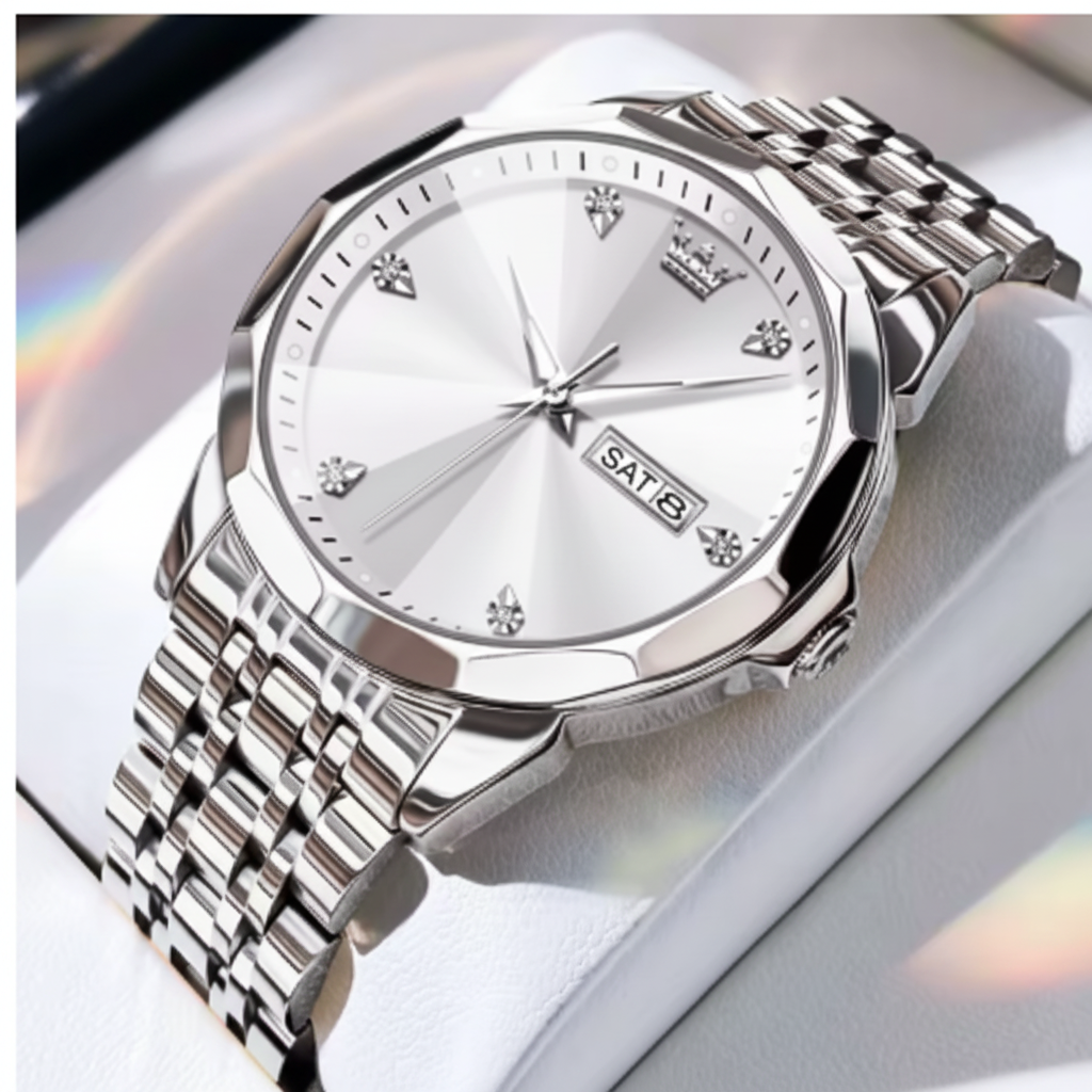 A silver-tone stainless steel watch with a white dial and matching metal link bracelet, displayed on a white cushion. The brand name 'OLEVS' is visible in a red logo box in the top-left corner.