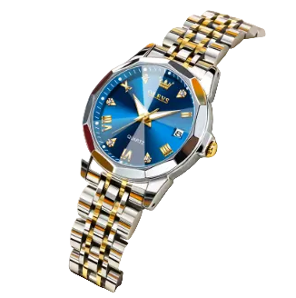 Olevs men's watch with a blue dial and a two-tone silver and gold stainless steel link bracelet, displayed on a cream-colored watch cushion.
