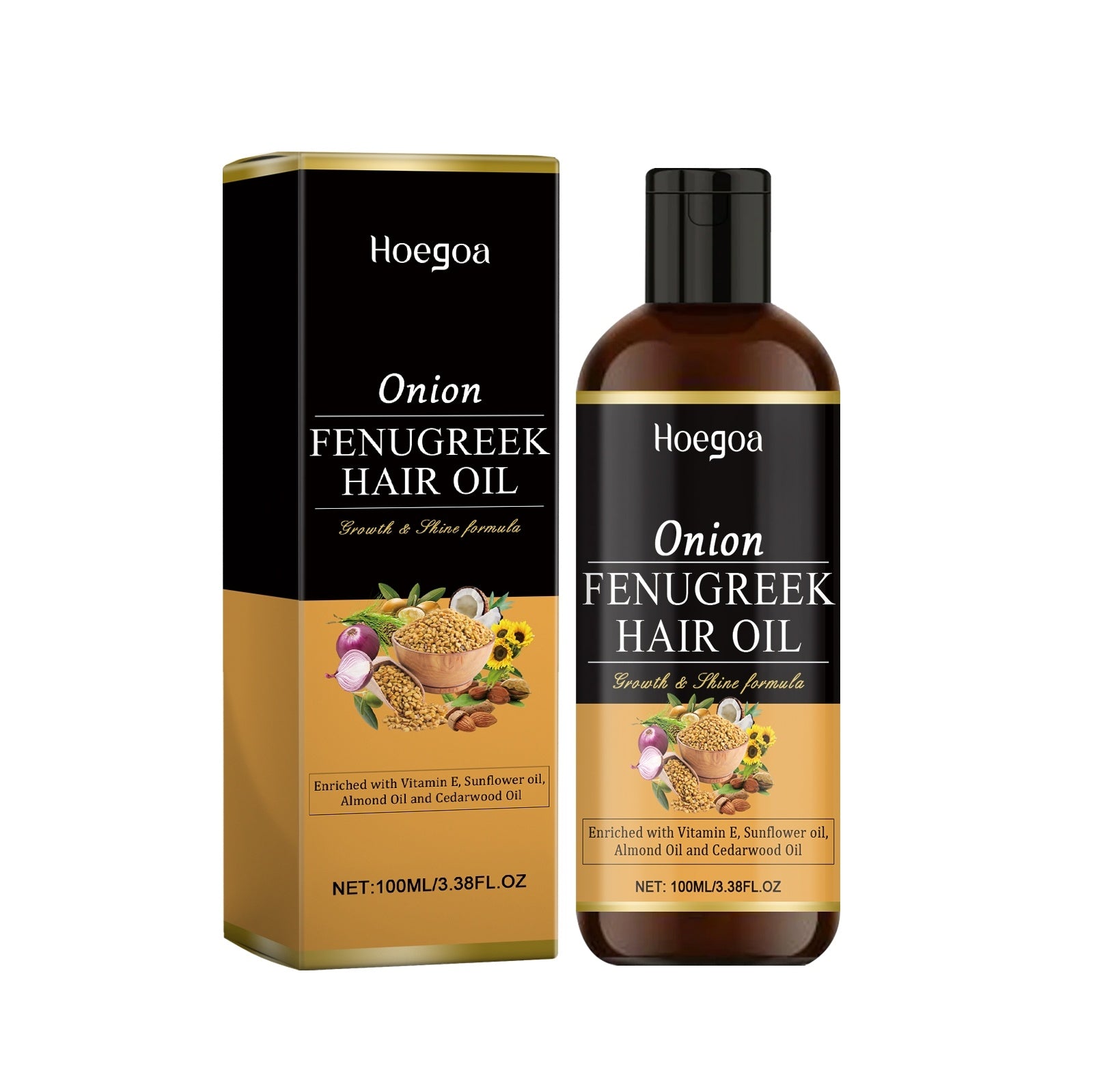 Hoegaoa Onion Fenugreek Hair Oil packaging including bottle and box on a white background