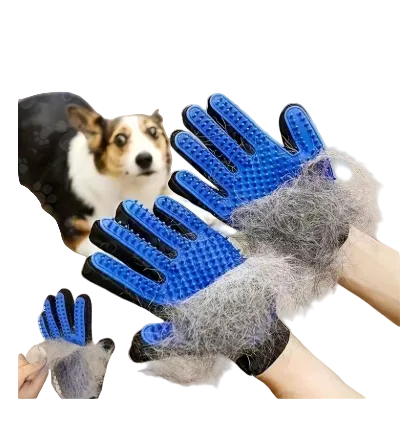 Blue and black pet grooming gloves shown with fur being swept away, with a dog blurred in the background and the text 'Grooming Brush' and brand 'GAFASTWO' at the top.