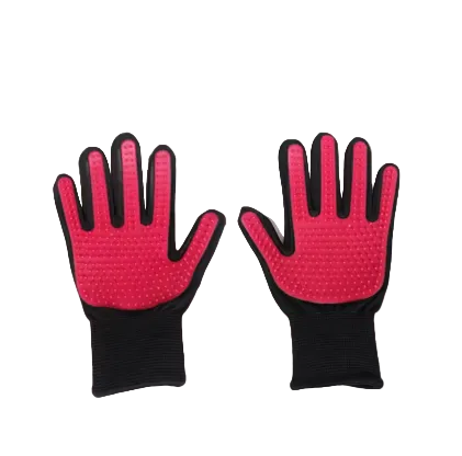 A pair of red and black pet grooming gloves shown flat against a light gray background, with the text '1 PAIR' in the top left corner.