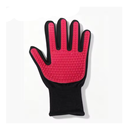 A single red and black grooming glove with silicone nubs, shown on a white background with the text 'LEFT GLOVES' at the top.