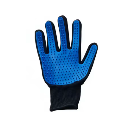 A single blue grooming glove with black trim and a black wrist cuff, shown on a white background with the text 'RIGHT GLOVES' at the top.