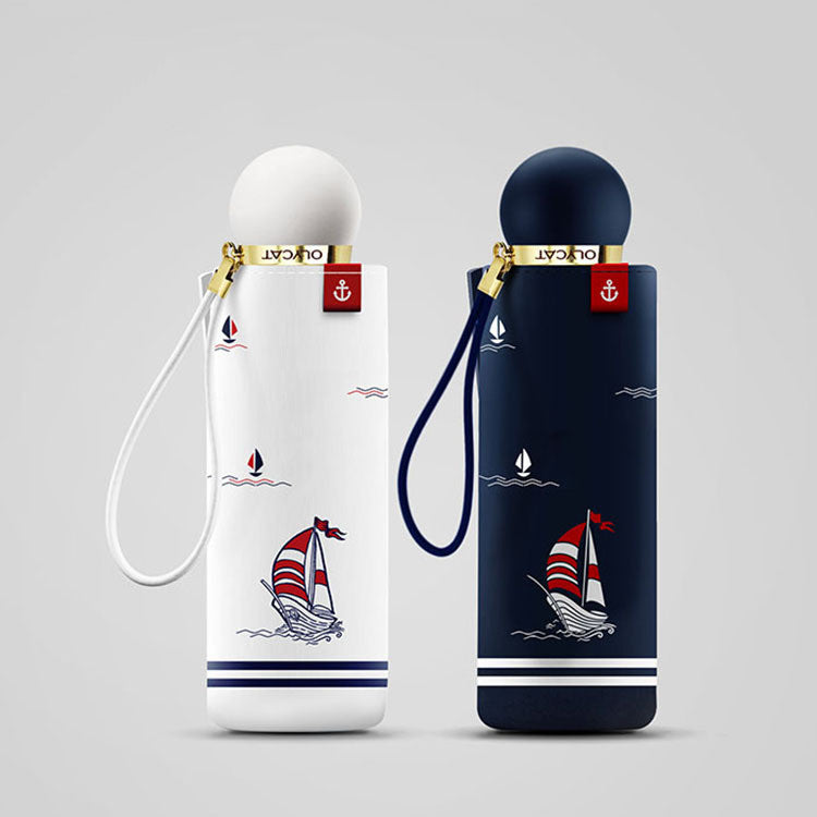 Two umbrellas, one white and one navy, with sailboat designs on a light gray background.