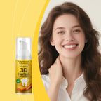 A bottle of 3D Herbal Oral Hygiene foam toothpaste shown next to a smiling woman with long brown hair, set against a split yellow and off-white background.