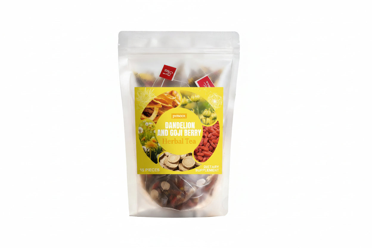 A stand-up pouch of Dandelion and Goji Berry Herbal Tea by Pure Encapsulations, shown with two tea bags on a plain white background.