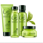 Four Green Tea series skincare products from the brand 'Green Tea' arranged together on a light green reflective surface with floating bubbles and tea leaf graphics. The set includes a squeeze tube, two pump bottles, and a jar, all in translucent green with black caps.