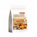Pmoox Turmeric Ginger Cinnamon Tea package with tea bags on a white background