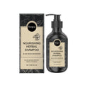Nourishing herbal shampoo bottle and packaging with Hoega branding on a white background
