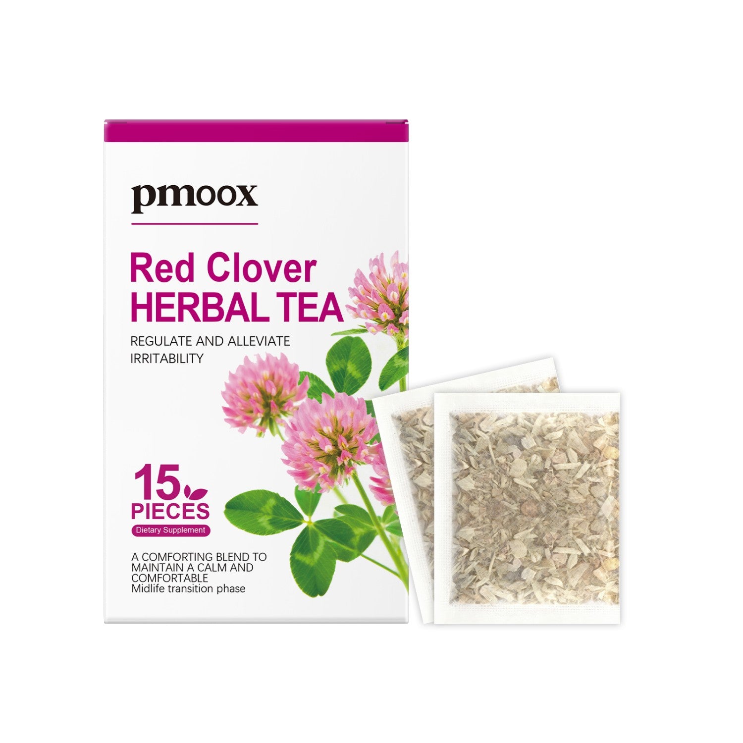 Pmoox Red Clover Herbal Tea packaging with tea bags on a white background
