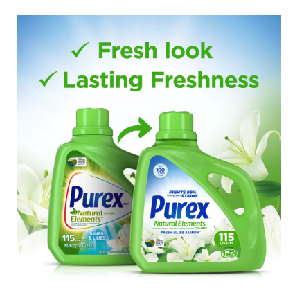 Purex Natural Elements Liquid Laundry Detergent – Fresh Lilies & Linen Scent (150 fl oz, 115 Loads)