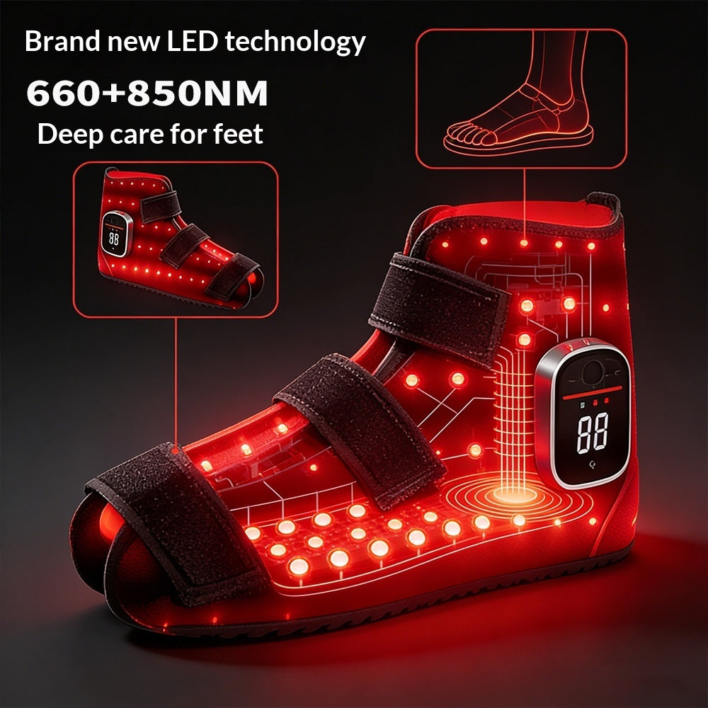 Red LED foot care device with digital display on a dark background