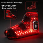 Red LED foot care device with digital display on a dark background