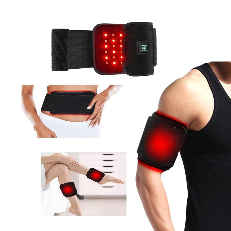 Red light therapy devices on various parts of a person's body with close-up shots.