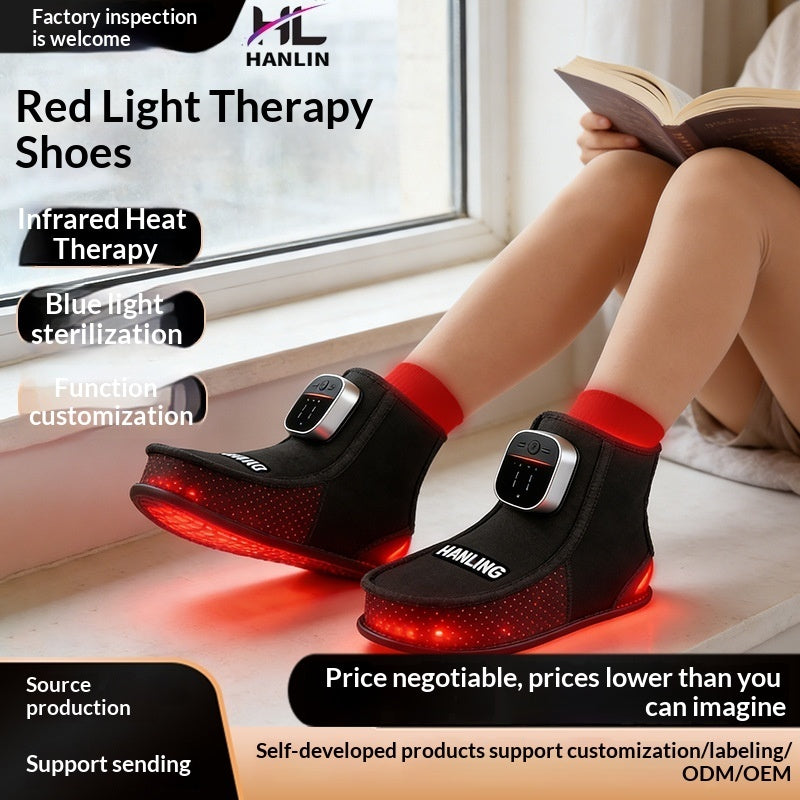Red light therapy shoes with visible red lights worn by a person sitting by a window, with text highlighting features and branding.