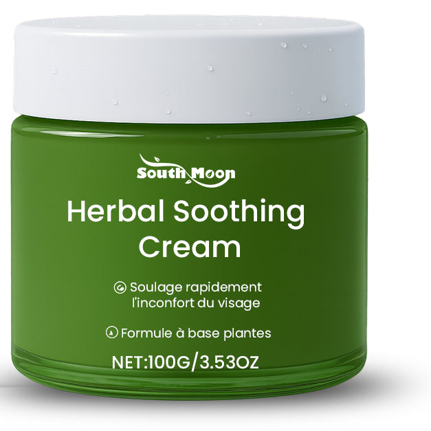 Green jar of South Moon Herbal Soothing Cream on a white background