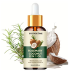 A bottle of Youngcome Rosemary Coconut 2 in 1 Essential Oil dropper bottle, styled with a rosemary sprig, a cut coconut, and a splash of coconut milk on a white background.