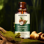 Bottle of Youngcome Rosemary Coconut 2 in 1 Oil with natural elements in the background