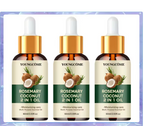 Three identical dropper bottles of YOUNGCOME Rosemary Coconut 2 in 1 Oil arranged side by side on a white background with a decorative blue border.