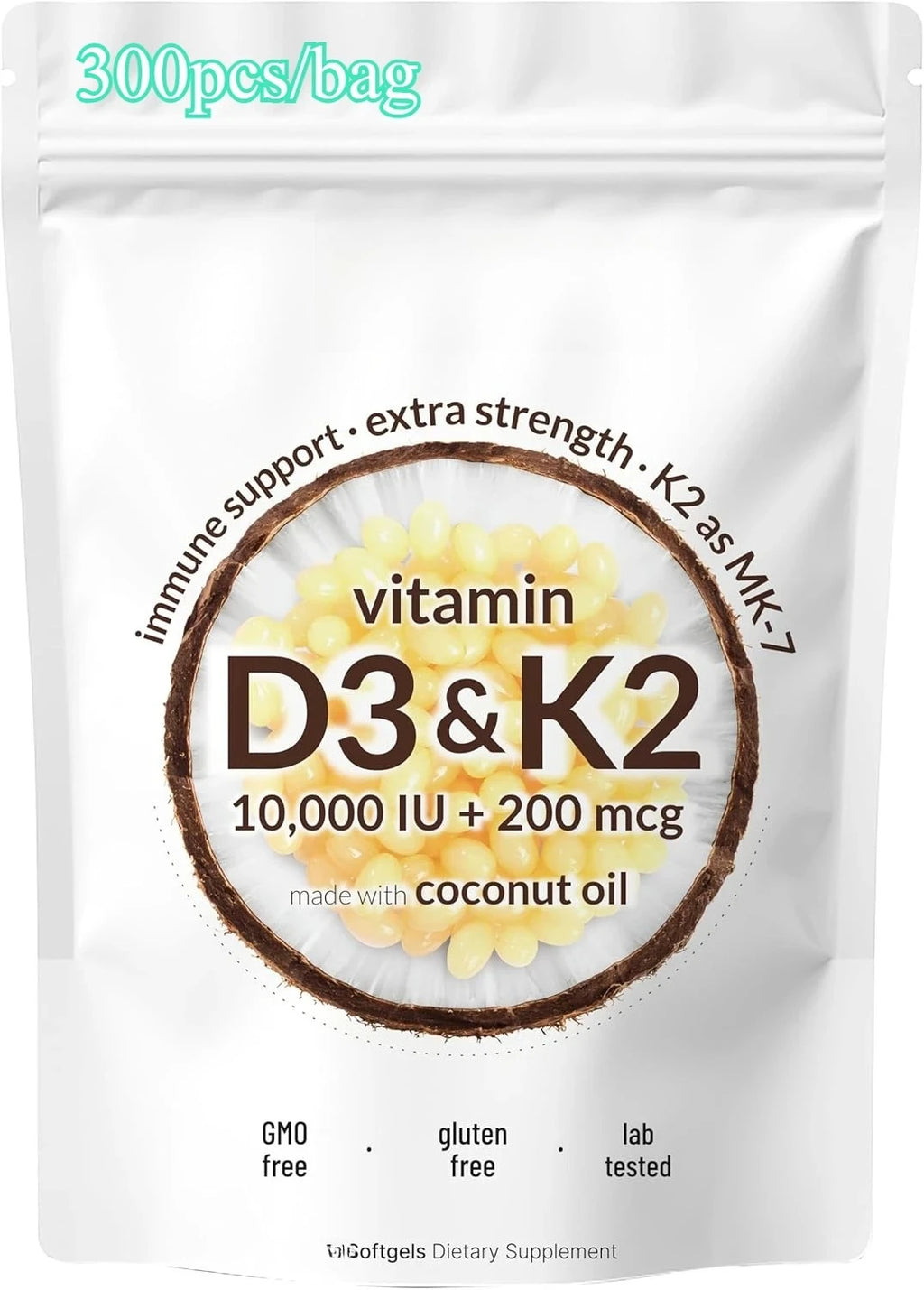 Vitamin D3 10000 IU and K2 MK-7 200mcg Softgels Dietary Supplement