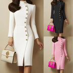 Women's Stand Collar Metal Button Slit Mini Dress