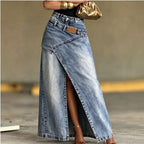 Women's Washed Denim Maxi Skirt High Waist Asymmetric Front Slit