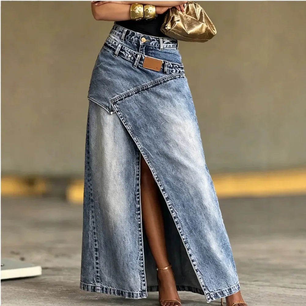 Women's Washed Denim Maxi Skirt High Waist Asymmetric Front Slit