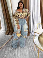 Women's Denim Casual Coat Cargo Pants Two-Piece Set