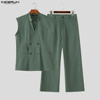 Men's Solid V-Neck Sleeveless Vest Pants Set