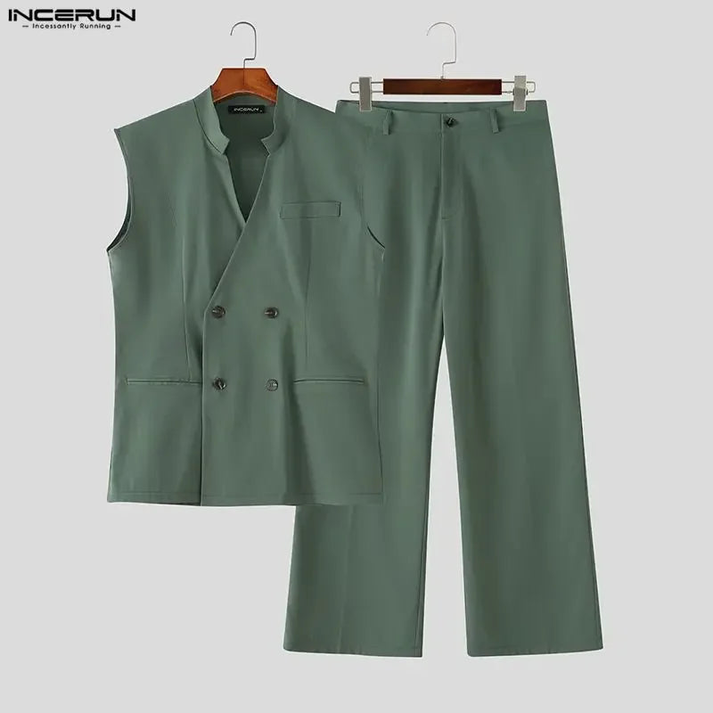 Men's Solid V-Neck Sleeveless Vest Pants Set