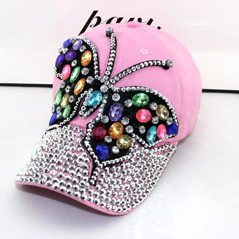 Women's Rhinestone Butterfly Denim Baseball Cap Adjustable Snapback