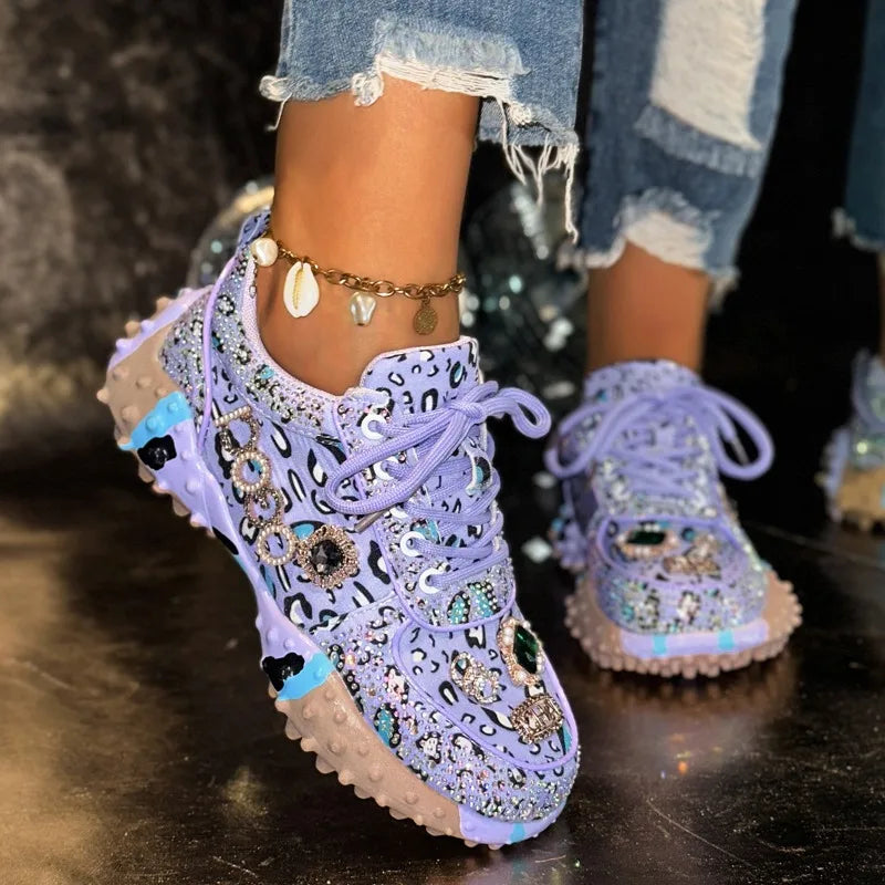 Women's Rhinestone Platform Lace-Up Casual Sneakers