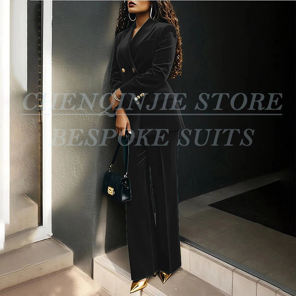 Women's Double Breasted Velvet Blazer Pants Suit