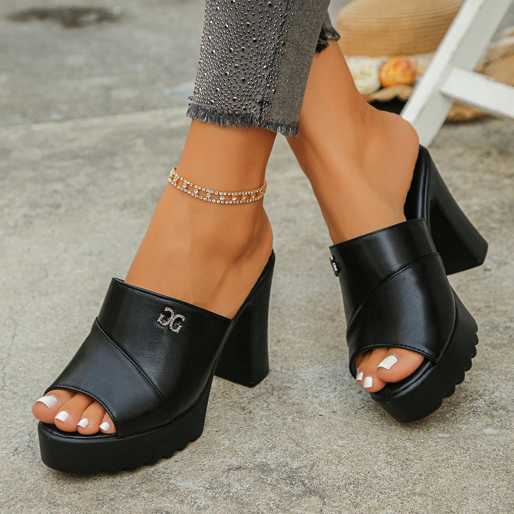 Women's Peep Toe Platform High Heel Slippers Square Black