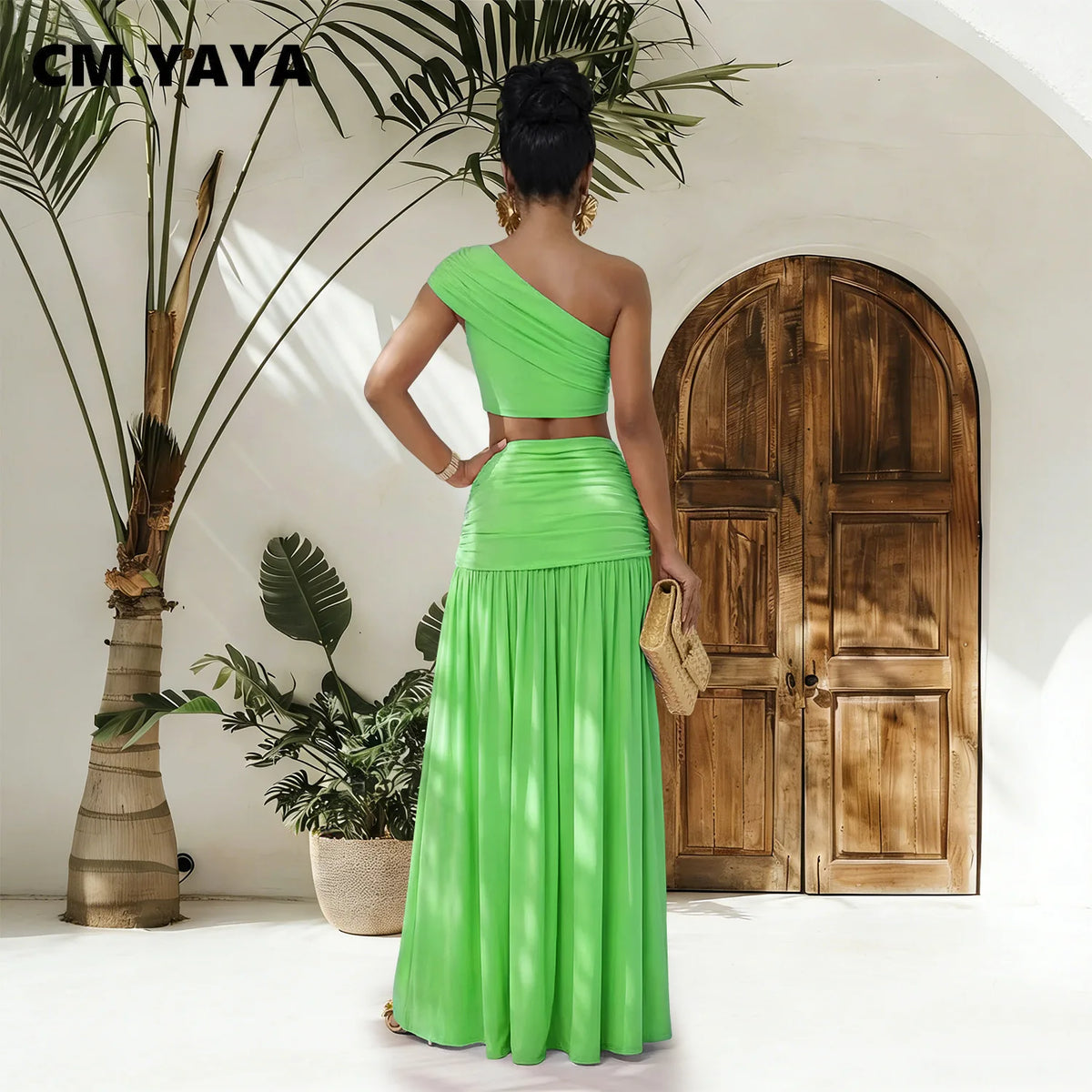 Women's Casual One Shoulder Crop Top and Long Skirt Two Piece Matching Set