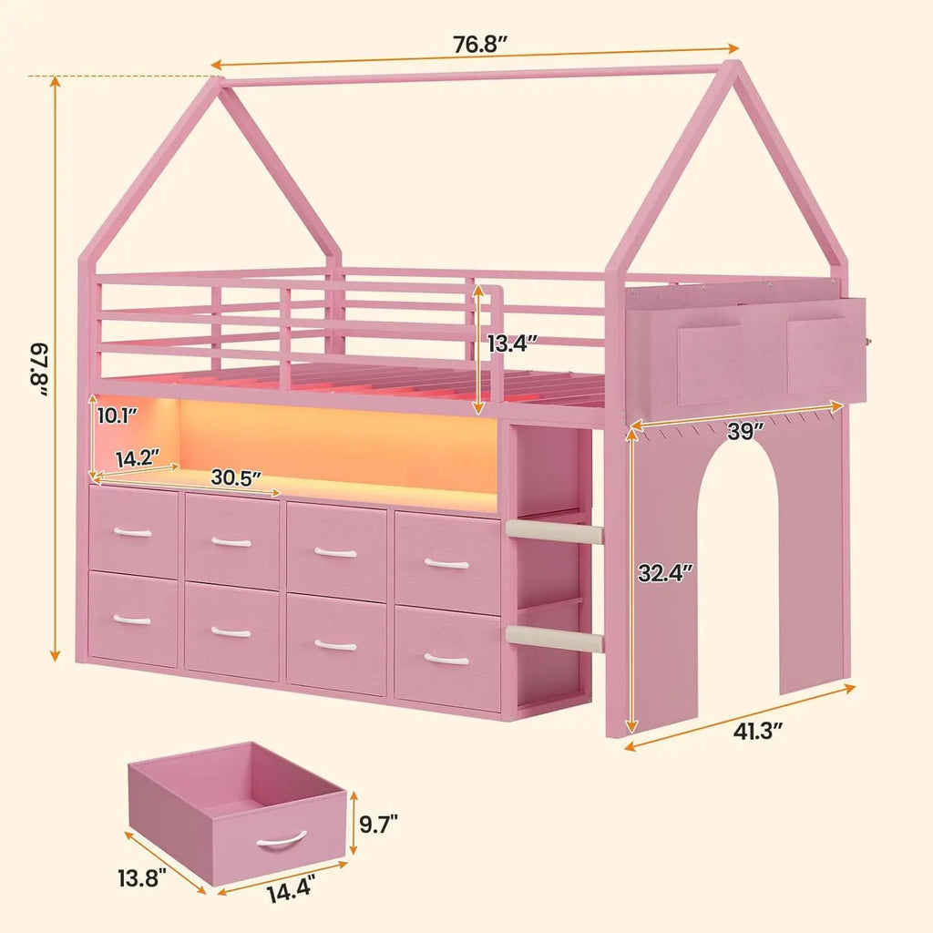 Kids' Twin Metal Low Loft Bed with Drawers and LED Lights Pink
