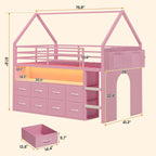 Kids' Twin Metal Low Loft Bed with Drawers and LED Lights Pink