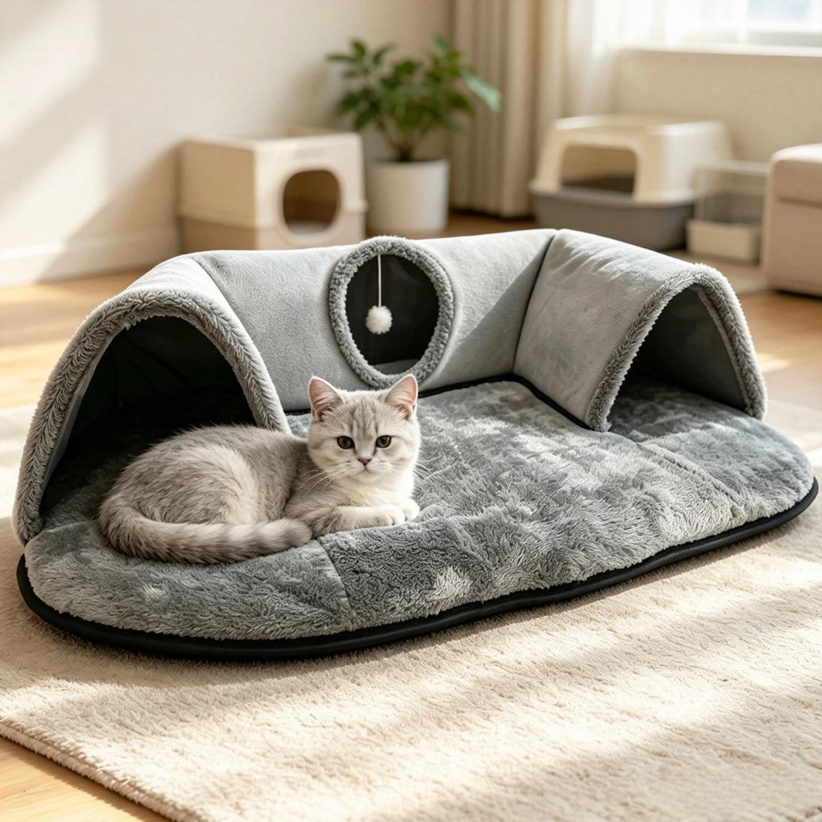 2-in-1 Cat Tunnel Bed with Soft Plush Cushion